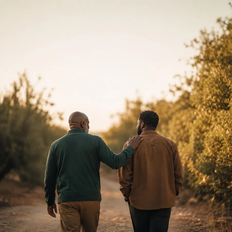 An older man with his hand on a younger man’s shoulder, walking a dirt path at dusk.