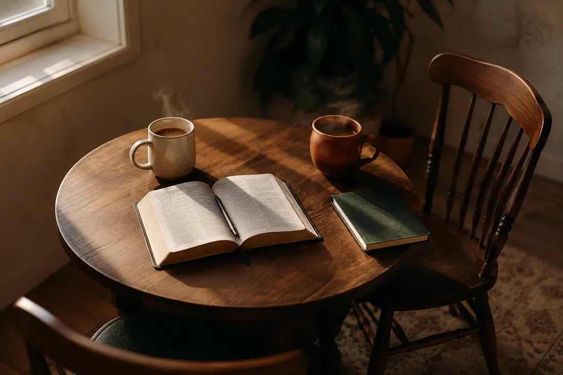 A small round table set for two — an open Bible, a journal, and two steaming cups in morning light.