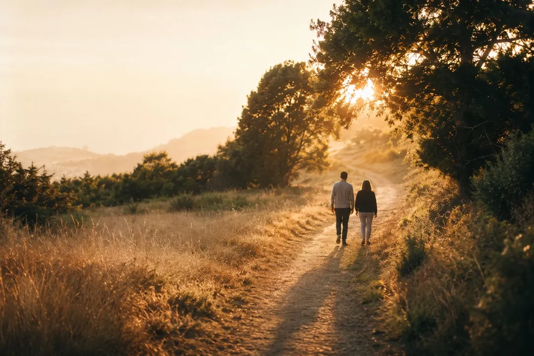 Two people walking together up a winding path into golden-hour light.