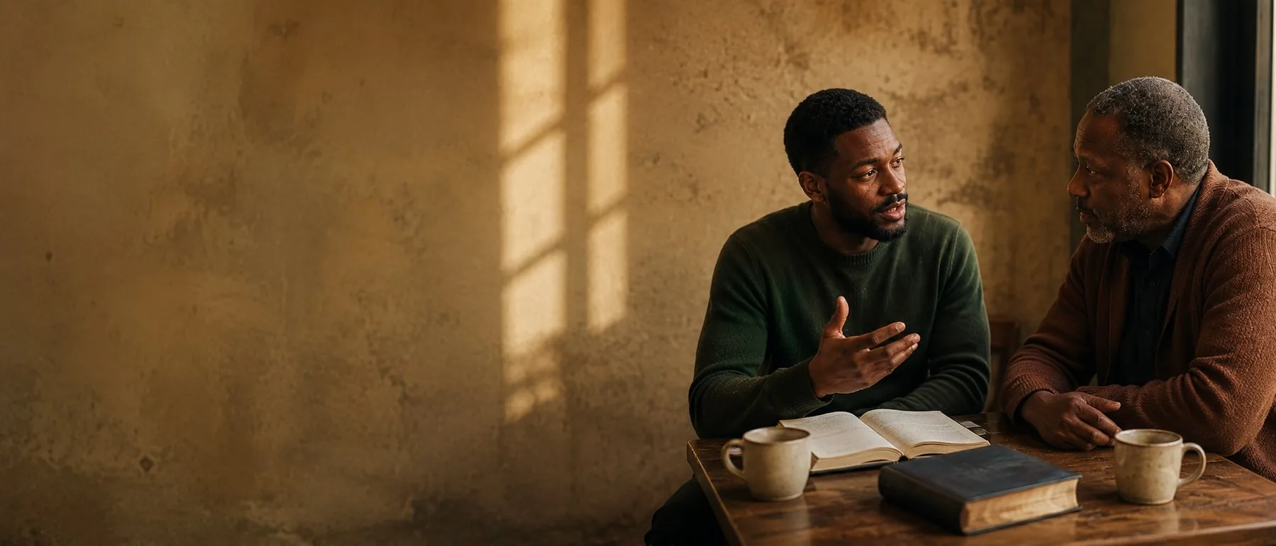 Two men talking over an open Bible and mugs of coffee at a wooden table, warm light falling across the room.