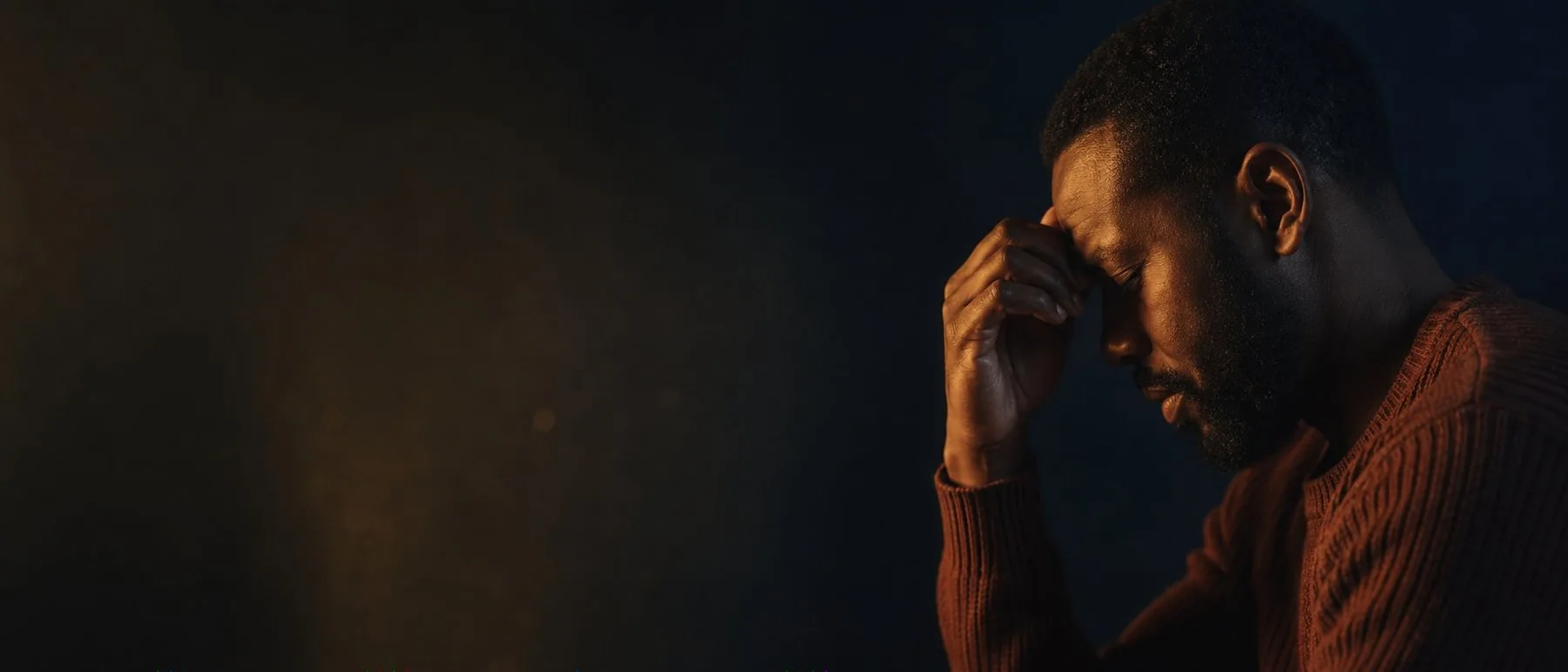 A man sitting quietly in prayer, head bowed against his hands, in warm low light against a deep evening background.