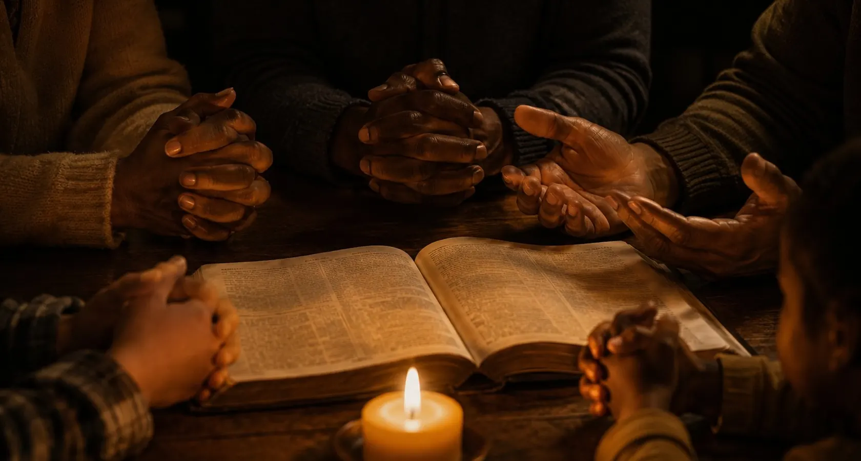 Several people’s hands clasped in prayer around an open Bible and a single candle.
